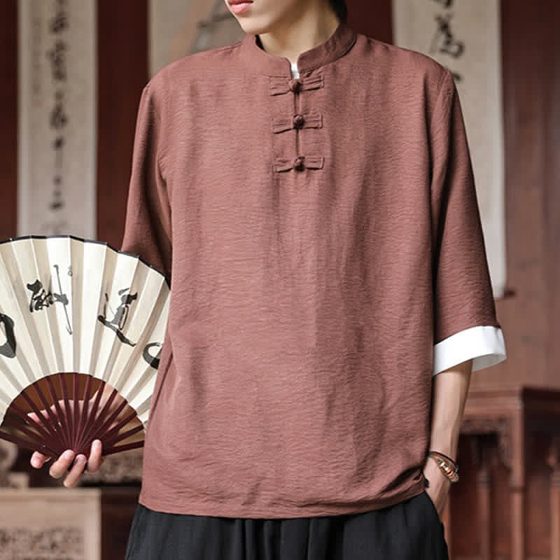 Buddha Stones Camisas de manga hasta el codo para hombre, estilo vintage, con cuello mandarín y botones de rana, color liso, estilo Summer Tang. - image 1