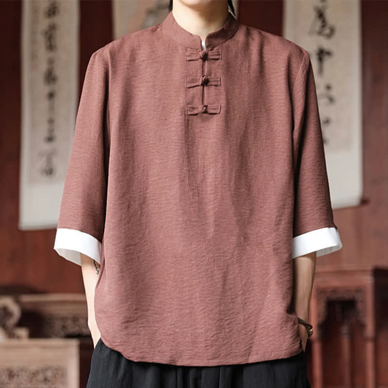 Buddha Stones Camisas de manga hasta el codo para hombre, estilo vintage, con cuello mandarín y botones de rana, color liso, estilo Summer Tang. - Salmón oscuro - US/UK/AU46, EU56 (5XL) - image 0