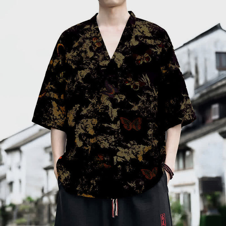 Buddha Stones Camisetas de manga corta para hombre con cuello en V y estampado floral estilo Tang, ideales para el verano. - Negro - US/UK/AU46, EU56 (5XL) - image 4