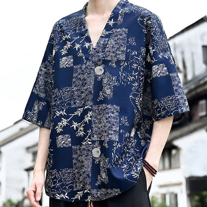 Buddha Stones Camisetas de manga corta para hombre con cuello en V y estampado floral estilo Tang, ideales para el verano. - image 3