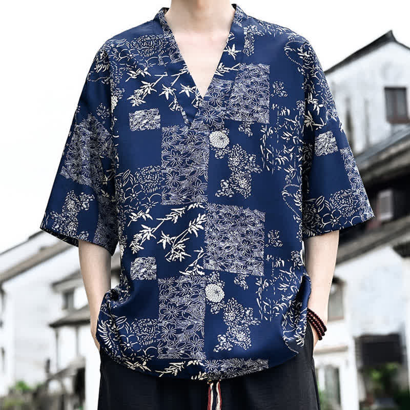 Buddha Stones Camisetas de manga corta para hombre con cuello en V y estampado floral estilo Tang, ideales para el verano. - image 1
