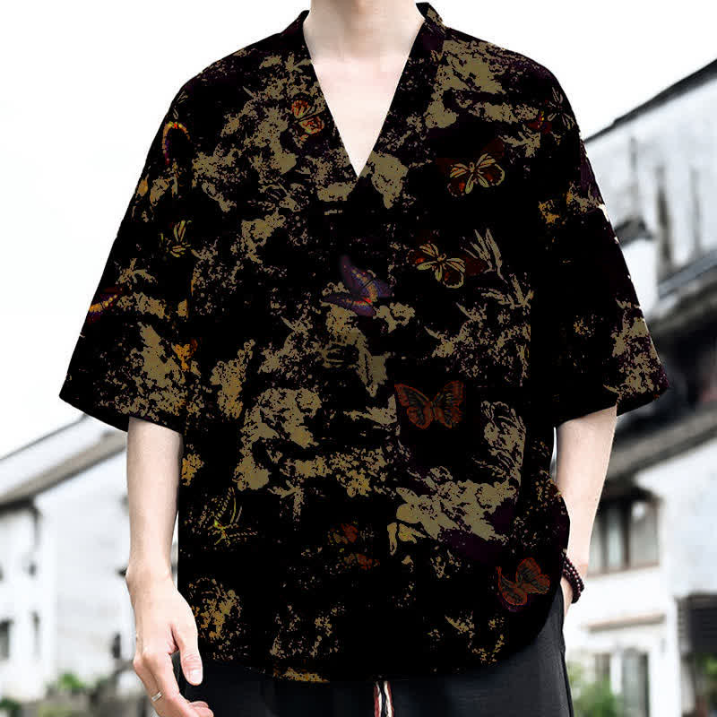 Buddha Stones Camisetas de manga corta para hombre con cuello en V y estampado floral estilo Tang, ideales para el verano. - image 5