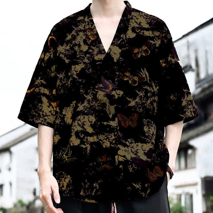 Buddha Stones Camisetas de manga corta para hombre con cuello en V y estampado floral estilo Tang, ideales para el verano. - image 5