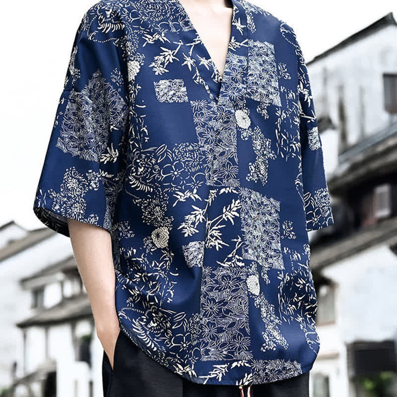 Buddha Stones Camisetas de manga corta para hombre con cuello en V y estampado floral estilo Tang, ideales para el verano. - image 2