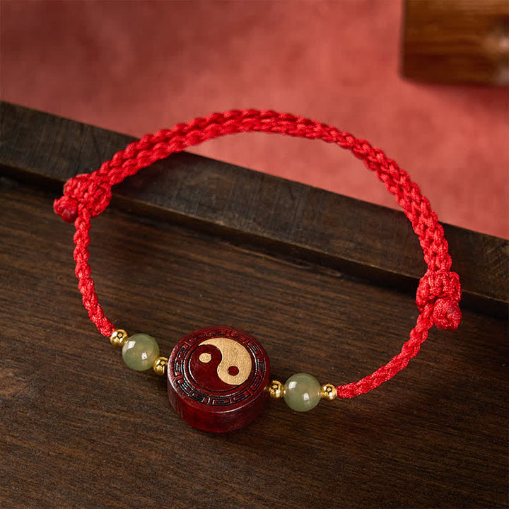 Buddha Stones Pulsera de hilo rojo con equilibrio Yin Yang de jade y sándalo morado - image 1