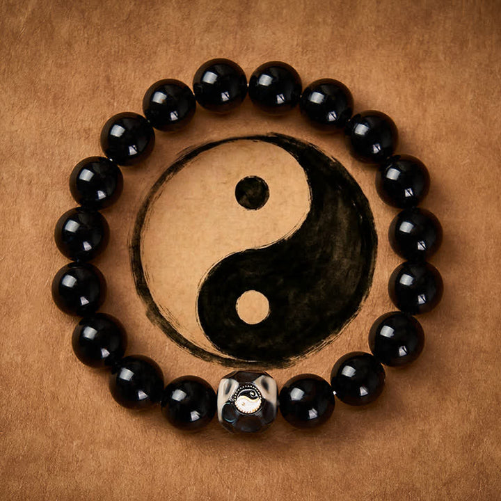 Buddha Stones Pulsera de cuentas redondas de ágata tibetana Yin Yang para la riqueza - Yin Yang (Equilibrio ♥ Armonía) - image 0