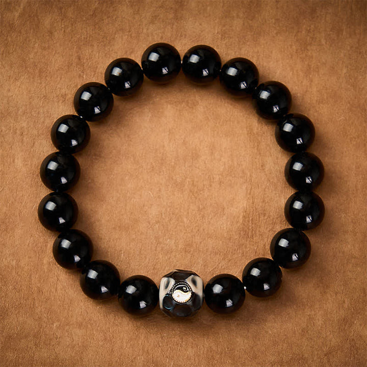 Buddha Stones Pulsera de cuentas redondas de ágata tibetana Yin Yang para la riqueza - image 1