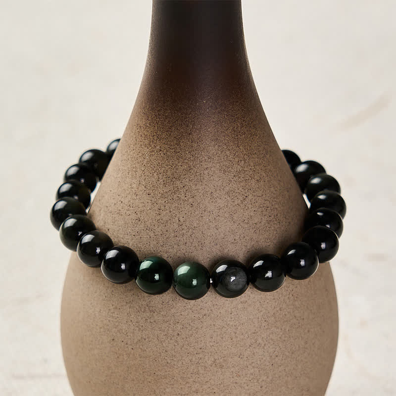Buddha Stones Pulsera de cuentas redondas de equilibrio Yin Yang de obsidiana arcoíris - image 4