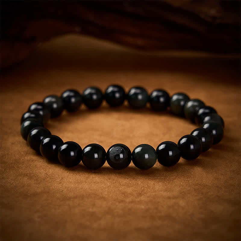 Buddha Stones Pulsera de cuentas redondas de equilibrio Yin Yang de obsidiana arcoíris - Obsidiana arcoíris (cambios de color con la luz) - 8 mm - image 0