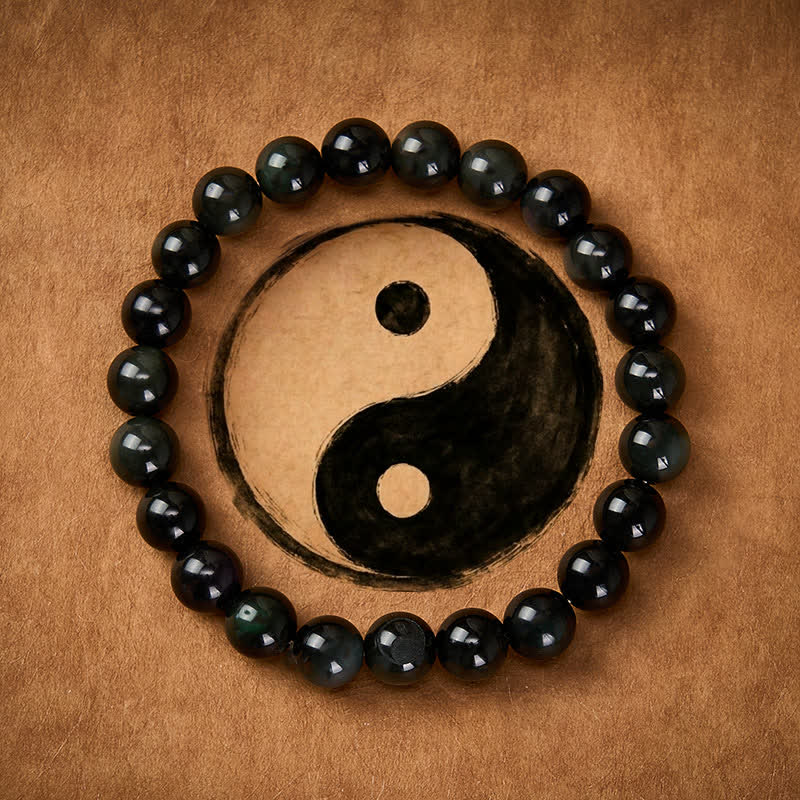 Buddha Stones Pulsera de cuentas redondas de equilibrio Yin Yang de obsidiana arcoíris - image 1