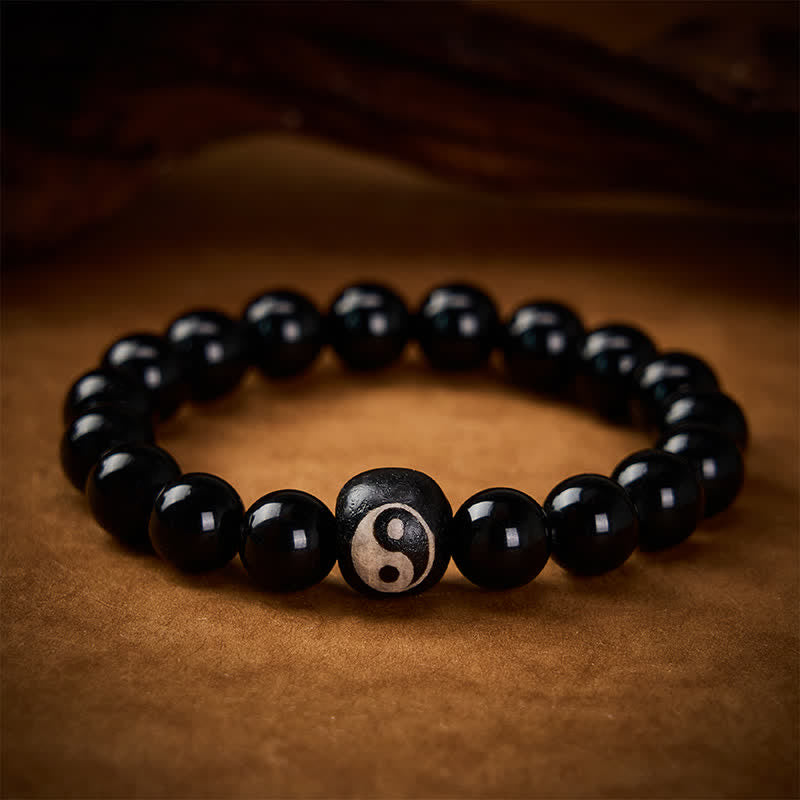 Buddha Stones Pulsera protectora de cuentas Yin Yang de obsidiana negra tibetana y ónix negro - image 2