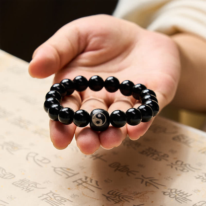 Buddha Stones Pulsera protectora de cuentas Yin Yang de obsidiana negra tibetana y ónix negro - image 9