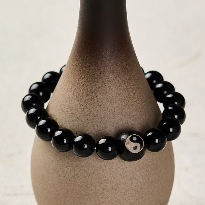 Buddha Stones Pulsera protectora de cuentas Yin Yang de obsidiana negra tibetana y ónix negro - image 4