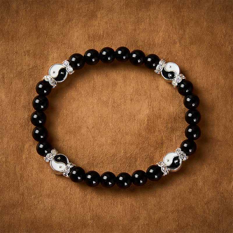 Buddha Stones Pulsera redonda con dije de equilibrio Yin Yang de obsidiana negra - image 1
