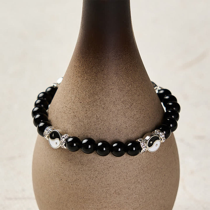 Buddha Stones Pulsera redonda con dije de equilibrio Yin Yang de obsidiana negra - image 3