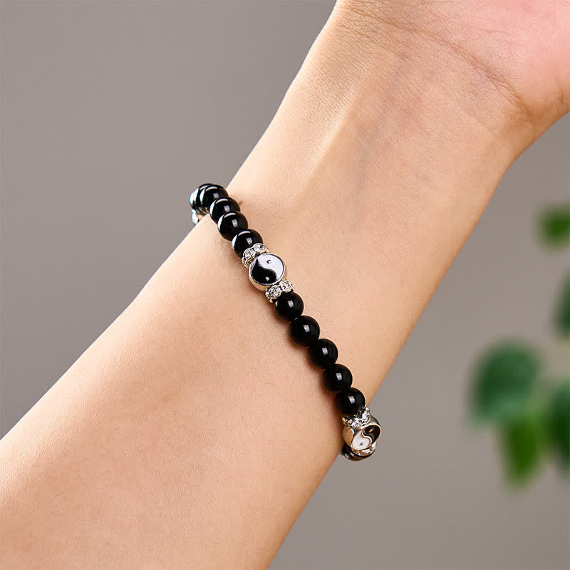 Buddha Stones Pulsera redonda con dije de equilibrio Yin Yang de obsidiana negra - image 10