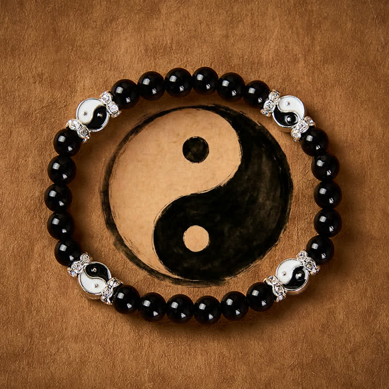 Buddha Stones Pulsera redonda con dije de equilibrio Yin Yang de obsidiana negra - Yin Yang (Equilibrio ♥ Armonía) - image 0