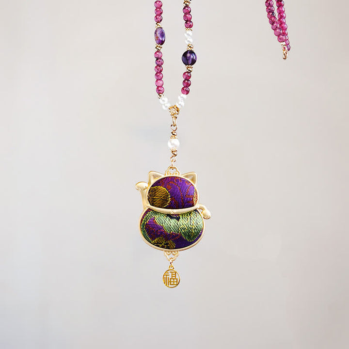 Buddha Stones Collar con colgante de bendición del personaje Fu, tejido brocado de la canción, con el gato de la suerte que llama a la suerte. - image 8