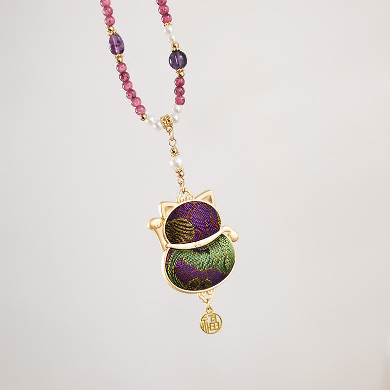 Buddha Stones Collar con colgante de bendición del personaje Fu, tejido brocado de la canción, con el gato de la suerte que llama a la suerte. - image 7