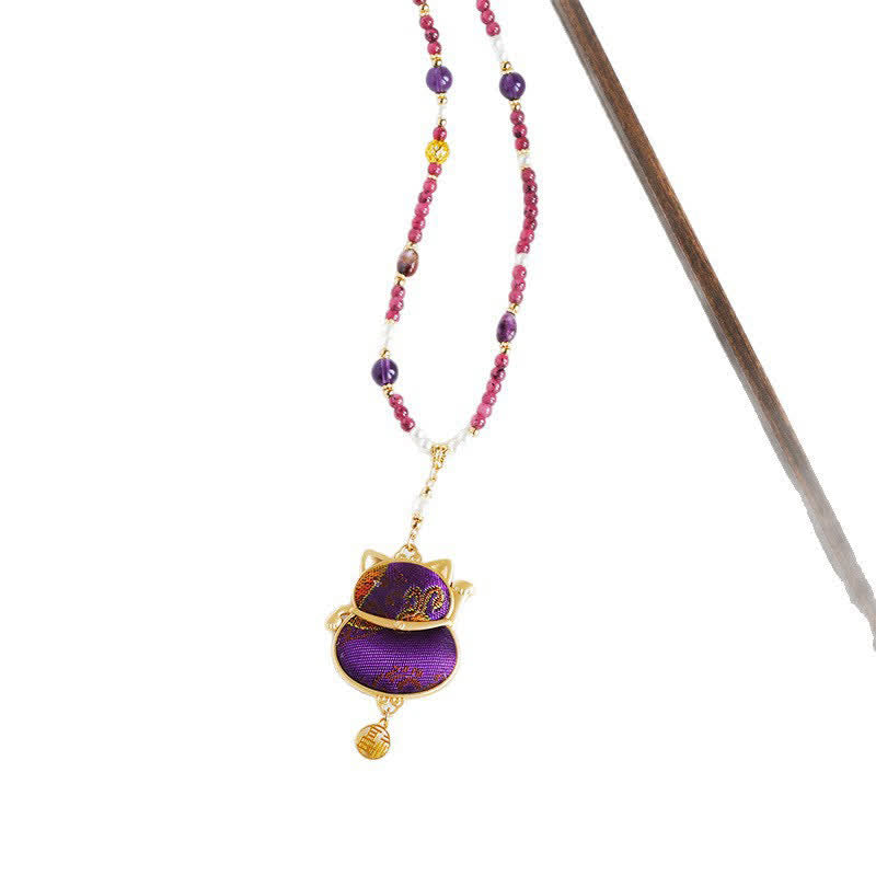 Buddha Stones Collar con colgante de bendición del personaje Fu, tejido brocado de la canción, con el gato de la suerte que llama a la suerte. - image 6