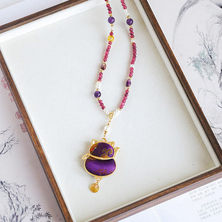 Buddha Stones Collar con colgante de bendición del personaje Fu, tejido brocado de la canción, con el gato de la suerte que llama a la suerte. - image 2