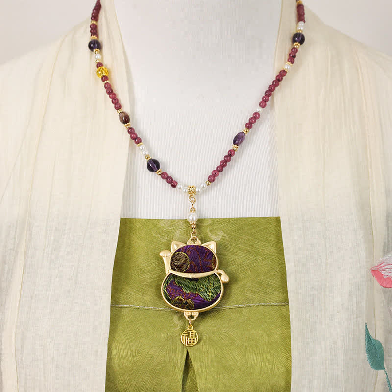 Buddha Stones Collar con colgante de bendición del personaje Fu, tejido brocado de la canción, con el gato de la suerte que llama a la suerte. - image 4