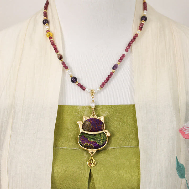 Buddha Stones Collar con colgante de bendición del personaje Fu, tejido brocado de la canción, con el gato de la suerte que llama a la suerte. - image 4