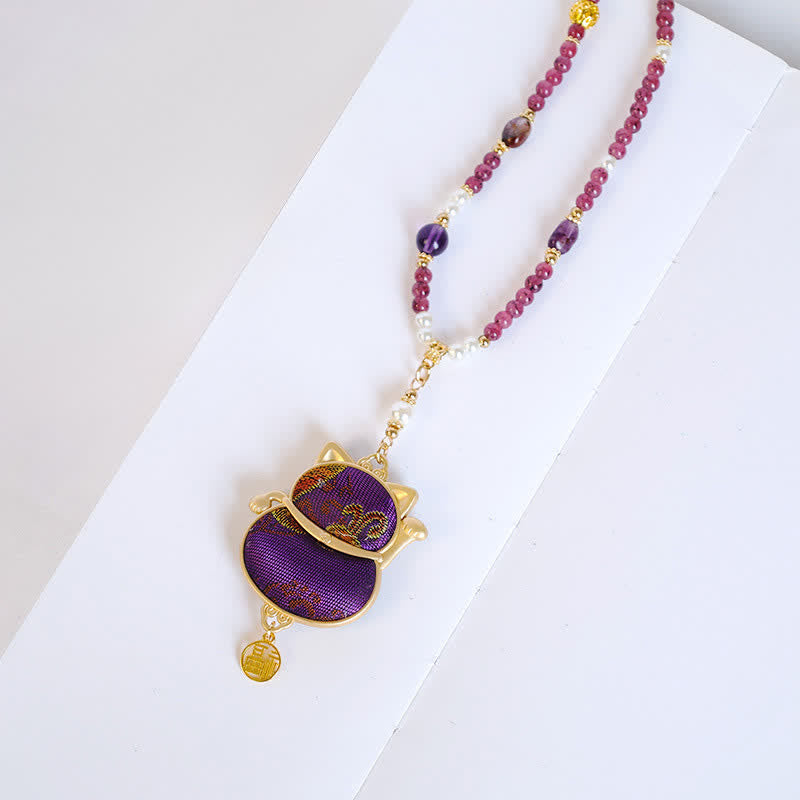 Buddha Stones Collar con colgante de bendición del personaje Fu, tejido brocado de la canción, con el gato de la suerte que llama a la suerte. - image 3