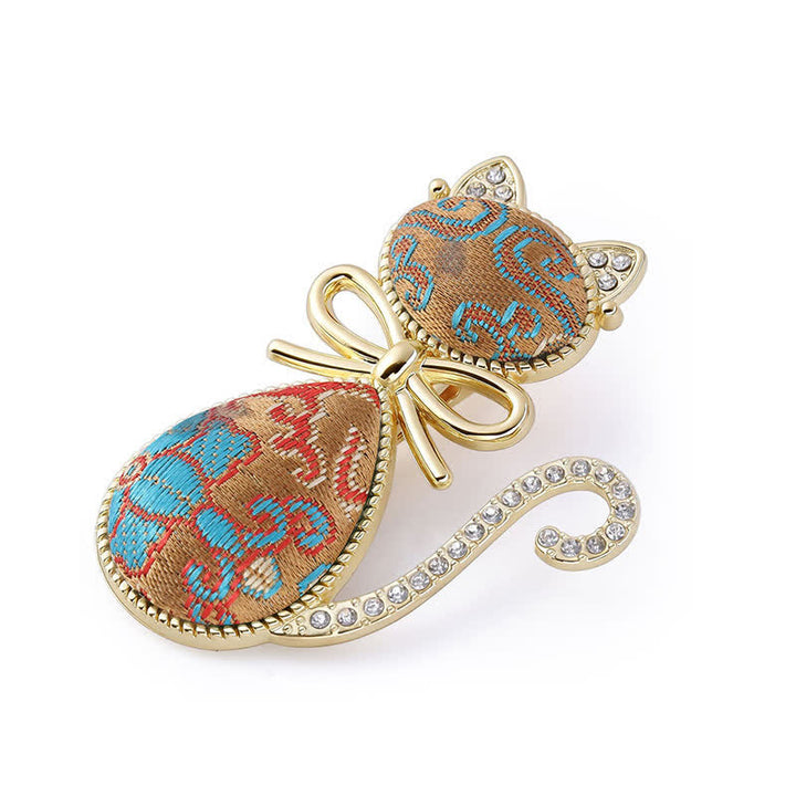 Buddha Stones Horquilla de estilo chino con diseño de gato de brocado y diamantes de imitación chapada en oro. - Oro oscuro (mismo tono de color, el estampado varía) - image 8