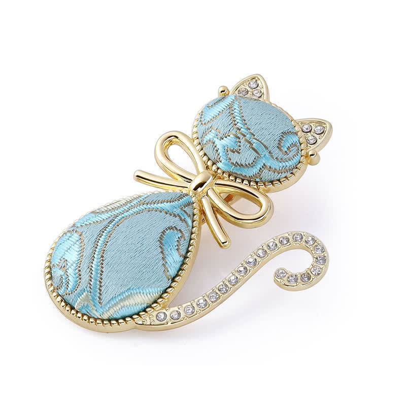 Buddha Stones Horquilla de estilo chino con diseño de gato de brocado y diamantes de imitación chapada en oro. - Azul (mismo tono de color – el estampado varía) - image 5