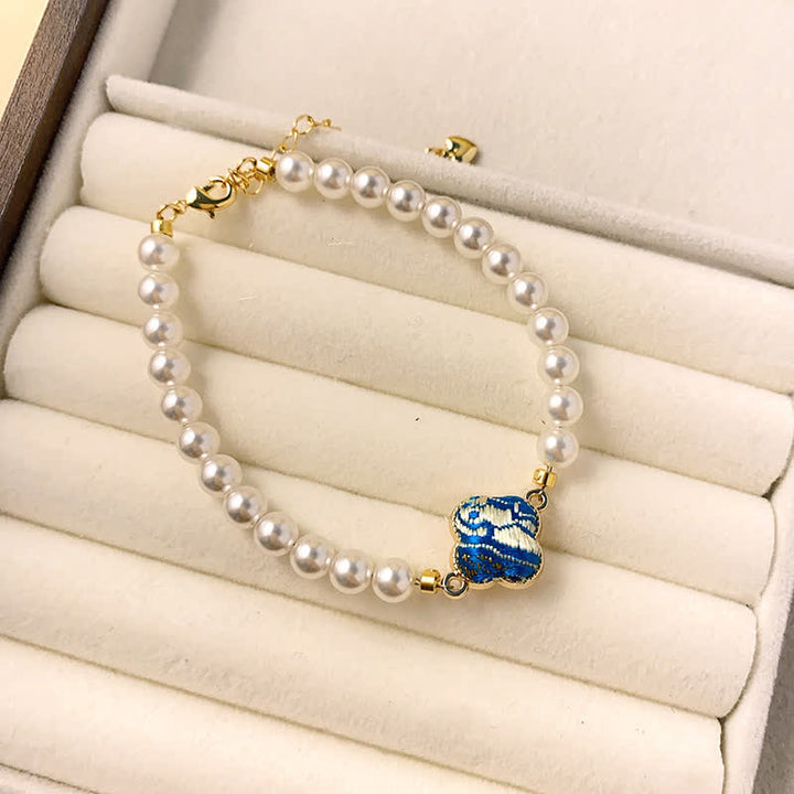 Buddha Stones Pulsera china nueva de brocado Pearl Song Clover Pureza - Azul lago (mismo tono de color, el estampado varía) - image 9
