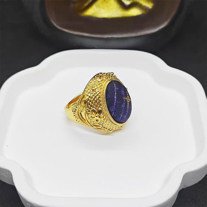Buddha Stones Anillo ovalado ajustable de estilo chino con diseño de huevo de paloma de la prosperidad y brocado de la canción - image 3