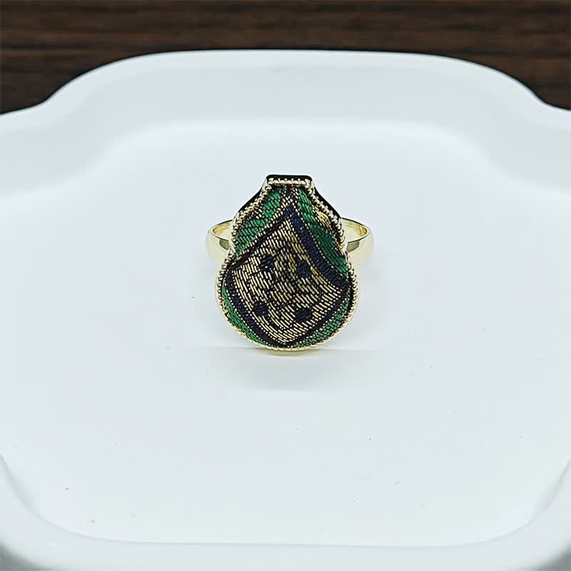Buddha Stones Anillo ajustable de estilo chino vintage con forma de calabaza y diseño de brocado de canción. - Oro verde (mismo tono de color, el patrón varía) - Ajustable (Abierto) - image 8