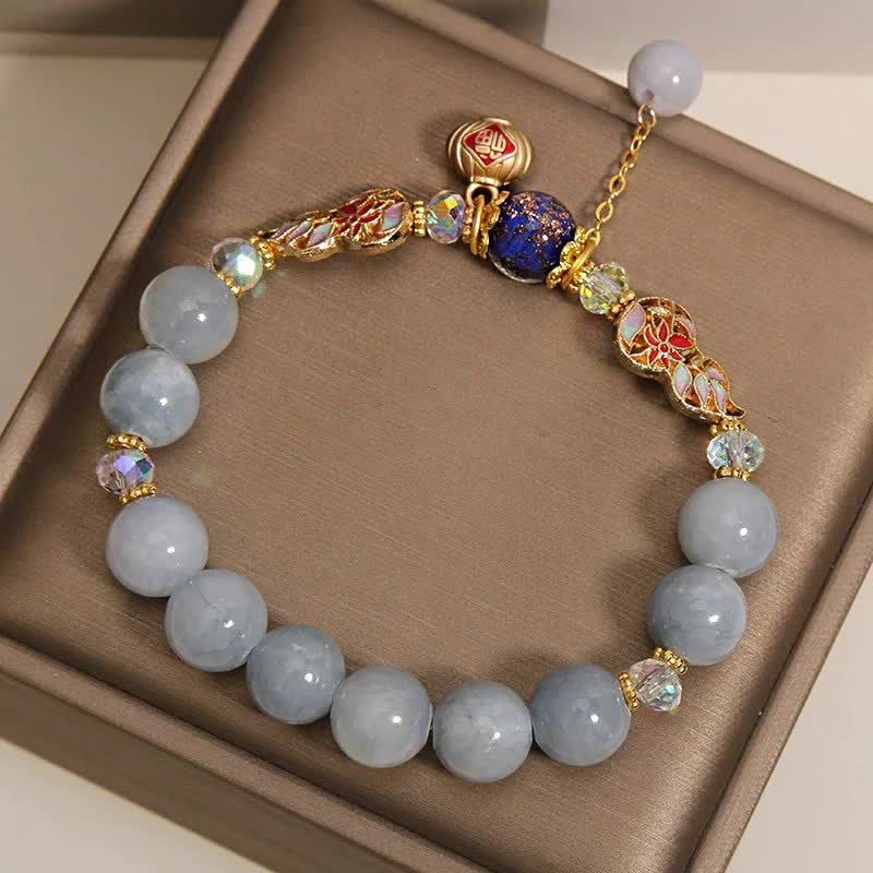 Buddha Stones Pulsera redonda colgante con forma de calabaza cloisonné de la suerte del personaje Fu de aguamarina - image 8