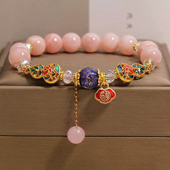 Buddha Stones Pulsera redonda colgante con forma de calabaza cloisonné de la suerte del personaje Fu de aguamarina - Calcedonia rosa (Paz interior ♥ Perdón) - image 9