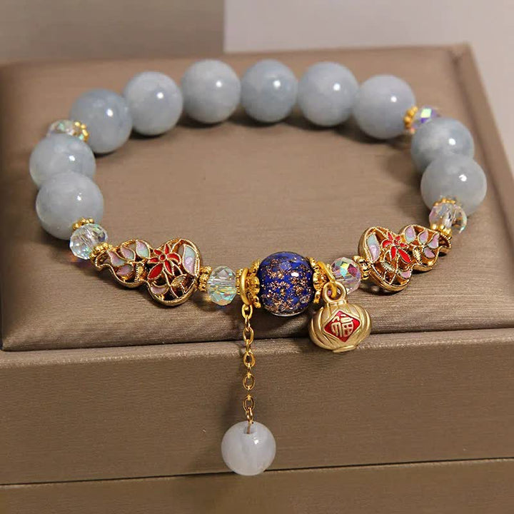 Buddha Stones Pulsera redonda colgante con forma de calabaza cloisonné de la suerte del personaje Fu de aguamarina - image 2