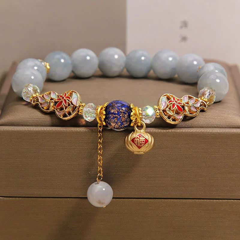 Buddha Stones Pulsera redonda colgante con forma de calabaza cloisonné de la suerte del personaje Fu de aguamarina - Aguamarina (Coraje ♥ Calma) - image 0