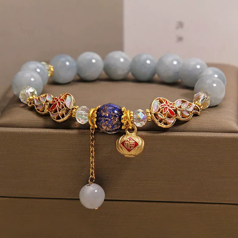 Buddha Stones Pulsera redonda colgante con forma de calabaza cloisonné de la suerte del personaje Fu de aguamarina - image 1