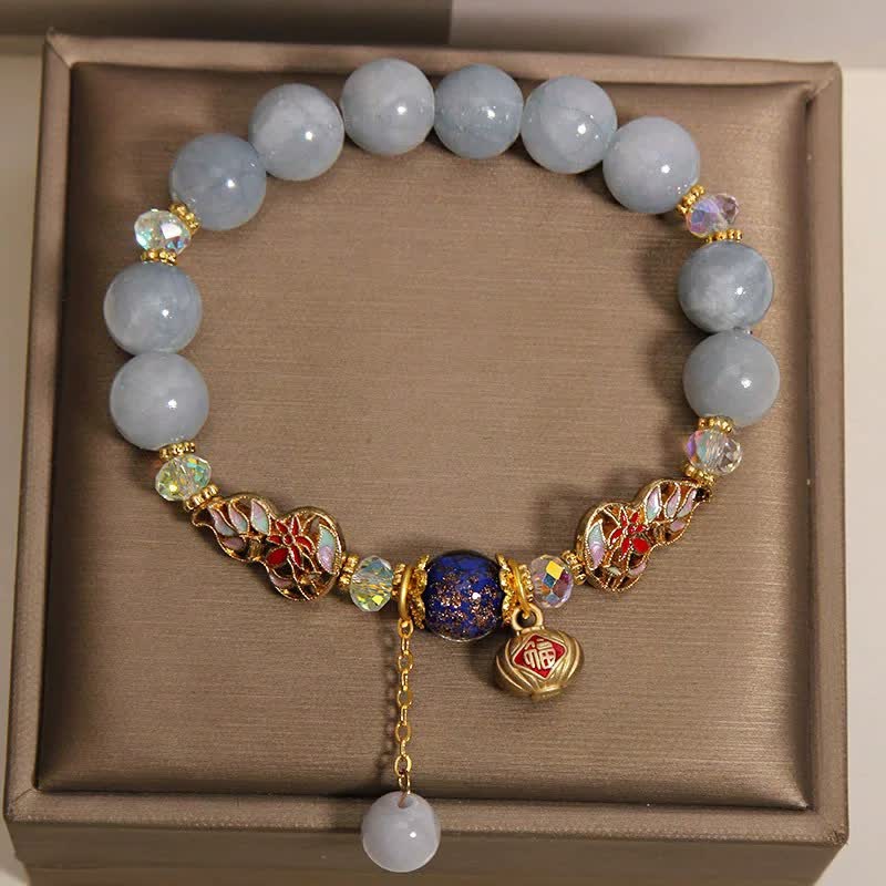 Buddha Stones Pulsera redonda colgante con forma de calabaza cloisonné de la suerte del personaje Fu de aguamarina - image 4