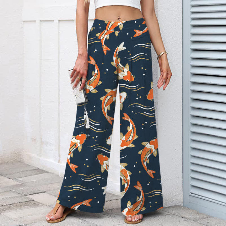 Buddha Stones Pantalones de mujer de lino y algodón con estampado de peces koi, cintura elástica, pernera ancha y bolsillos. - image 1