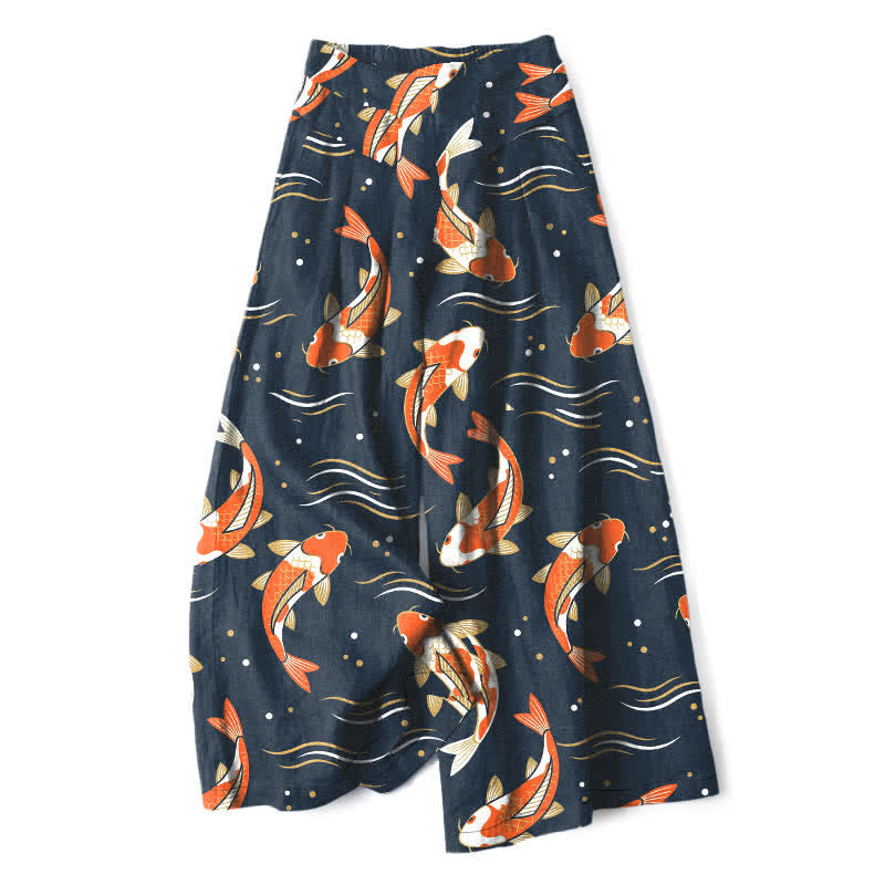 Buddha Stones Pantalones de mujer de lino y algodón con estampado de peces koi, cintura elástica, pernera ancha y bolsillos. - Marina de guerra - US16，UK/AU20，EU48 (3XL) - image 0