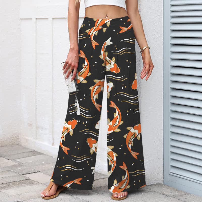 Buddha Stones Pantalones de mujer de lino y algodón con estampado de peces koi, cintura elástica, pernera ancha y bolsillos. - image 6