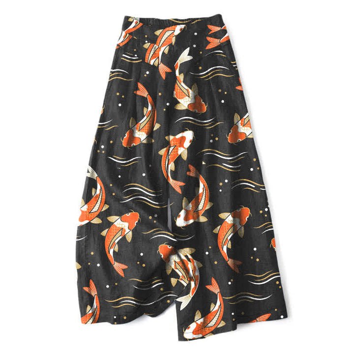 Buddha Stones Pantalones de mujer de lino y algodón con estampado de peces koi, cintura elástica, pernera ancha y bolsillos. - Negro - US16，UK/AU20，EU48 (3XL) - image 5