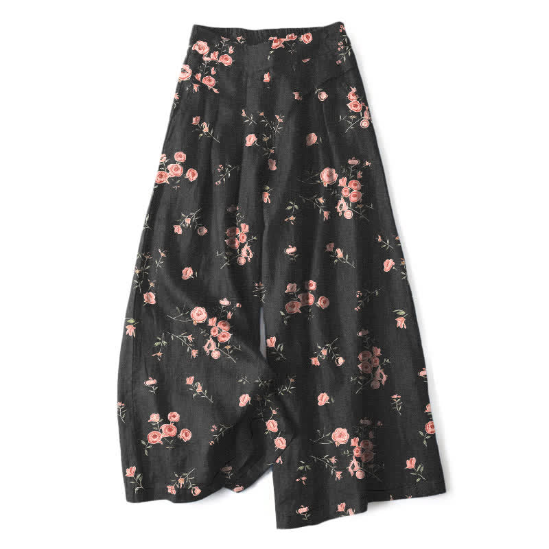Buddha Stones Pantalones de mujer de lino y algodón con estampado vintage de rosas, cintura elástica y pernera ancha con bolsillos. - Negro - US16，UK/AU20，EU48 (3XL) - image 0