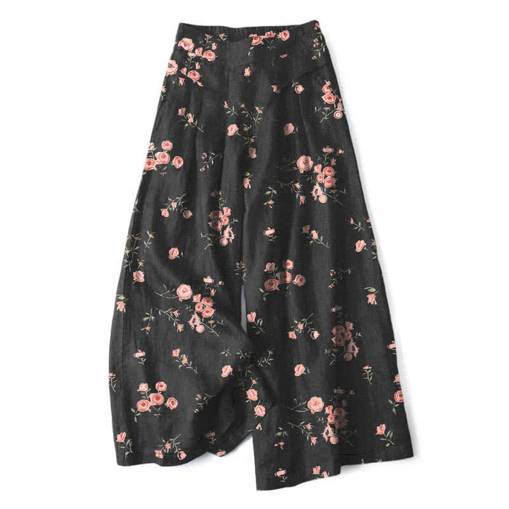 Buddha Stones Pantalones de mujer de lino y algodón con estampado vintage de rosas, cintura elástica y pernera ancha con bolsillos. - Negro - US16，UK/AU20，EU48 (3XL) - image 0
