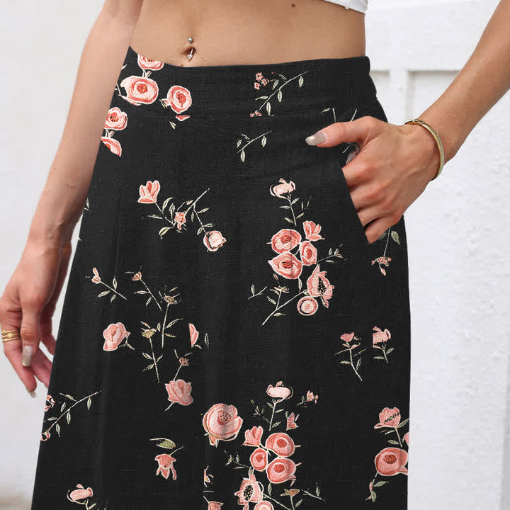 Buddha Stones Pantalones de mujer de lino y algodón con estampado vintage de rosas, cintura elástica y pernera ancha con bolsillos. - image 2