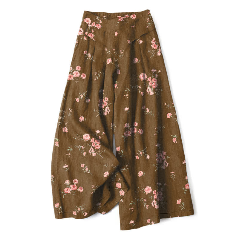 Buddha Stones Pantalones de mujer de lino y algodón con estampado vintage de rosas, cintura elástica y pernera ancha con bolsillos. - Tierra de siena - US16，UK/AU20，EU48 (3XL) - image 5