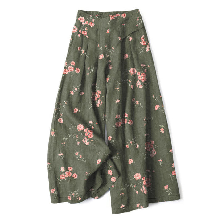 Buddha Stones Pantalones de mujer de lino y algodón con estampado vintage de rosas, cintura elástica y pernera ancha con bolsillos. - Aceituna - US16，UK/AU20，EU48 (3XL) - image 7