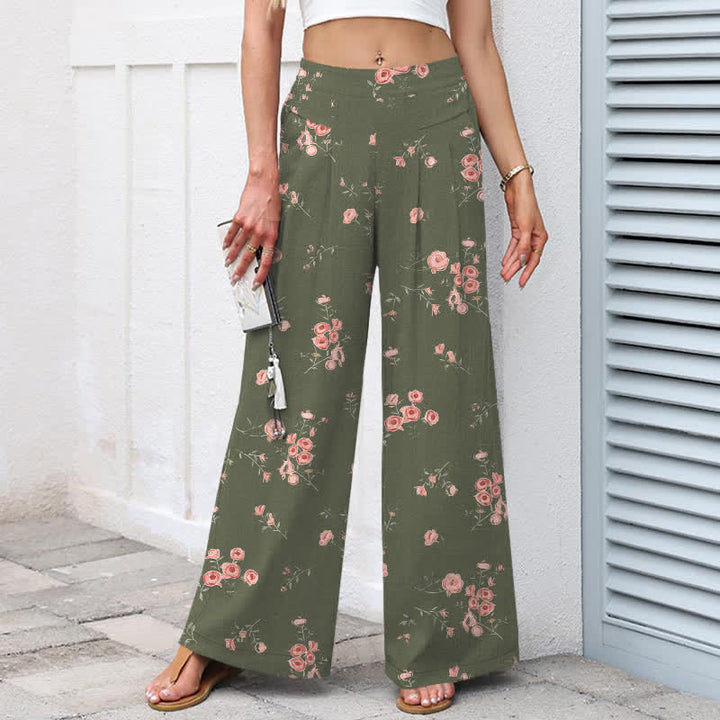 Buddha Stones Pantalones de mujer de lino y algodón con estampado vintage de rosas, cintura elástica y pernera ancha con bolsillos. - image 8