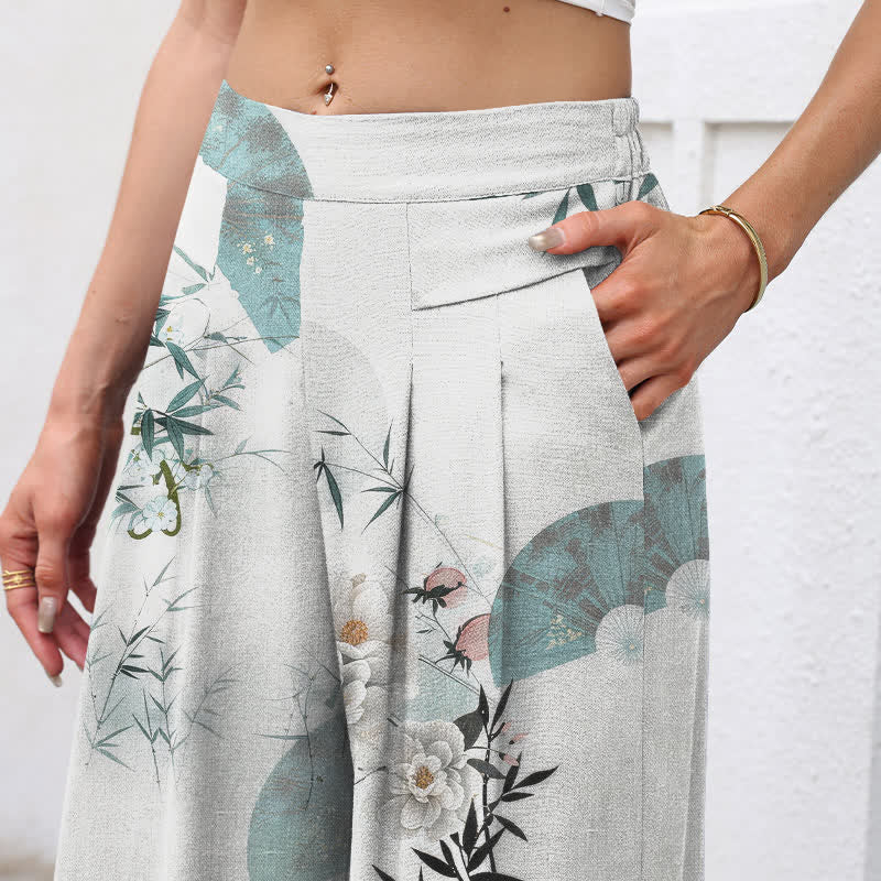 Buddha Stones Pantalones de mujer de algodón y lino con estampado oriental de hojas de bambú, cintura elástica y pernera ancha con bolsillos. - image 2